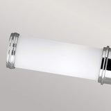 The Payne-1 2 Light Wall Light in polished chrome, designed with a horizontal cylindrical shape and frosted white glass body, is elegantly mounted on a light gray wall. It boasts an IP44 rating for added durability.