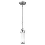Introducing the Payne 1 Light Mini Pendant in Polished Chrome, featuring a sleek polished chrome finish and a cylindrical opal etched glass shade. This modern light fixture is elegantly suspended from a polished metal rod connected to a round ceiling mount, enhancing the sophistication of any space.
