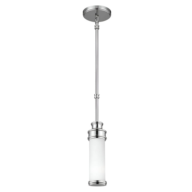 Introducing the Payne 1 Light Mini Pendant in Polished Chrome, featuring a sleek polished chrome finish and a cylindrical opal etched glass shade. This modern light fixture is elegantly suspended from a polished metal rod connected to a round ceiling mount, enhancing the sophistication of any space.