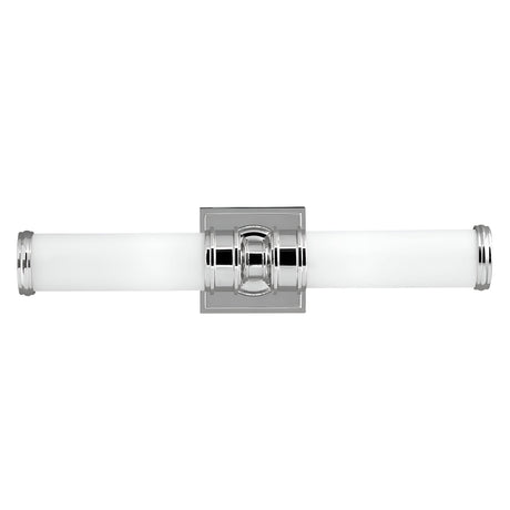The Payne-2 2 Light Wall Light - Polished Chrome is a stylish wall sconce with two lights, showcasing a polished chrome finish and cylindrical frosted glass shades, all mounted on a square base. Its modern, minimalistic design beautifully enhances contemporary interiors.