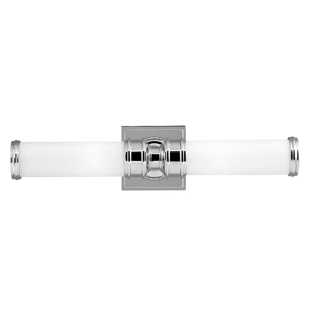The Payne-2 2 Light Wall Light - Polished Chrome is a stylish wall sconce with two lights, showcasing a polished chrome finish and cylindrical frosted glass shades, all mounted on a square base. Its modern, minimalistic design beautifully enhances contemporary interiors.