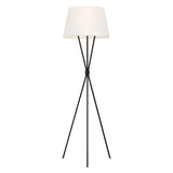 The Penny 1 Light Floor Lamp - Iron/White showcases a minimalist design with a pristine white linen shade set against a contrasting black tripod base. This sleek iron lamp stands elegantly, its three slender legs converging at the top beneath the elegant shade, embodying both simplicity and sophistication.