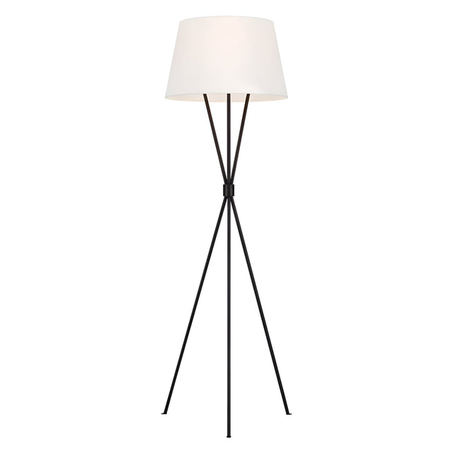 The Penny 1 Light Floor Lamp - Iron/White showcases a minimalist design with a pristine white linen shade set against a contrasting black tripod base. This sleek iron lamp stands elegantly, its three slender legs converging at the top beneath the elegant shade, embodying both simplicity and sophistication.