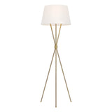 The Penny 1 Light Floor Lamp - Burnished Brass showcases mid-century elegance with its white lampshade and sleek, modern design. It features a burnished brass tripod base where three slender legs gracefully converge at the center to support the lampshade.