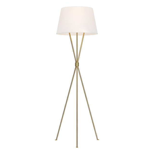 The Penny 1 Light Floor Lamp - Burnished Brass showcases mid-century elegance with its white lampshade and sleek, modern design. It features a burnished brass tripod base where three slender legs gracefully converge at the center to support the lampshade.