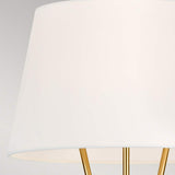 A close-up shot of the Penny 1 Light Floor Lamp - Burnished Brass displays its modern design, featuring a white lampshade and burnished brass legs. The light gray background enhances its mid-century elegance and minimalist sophistication.