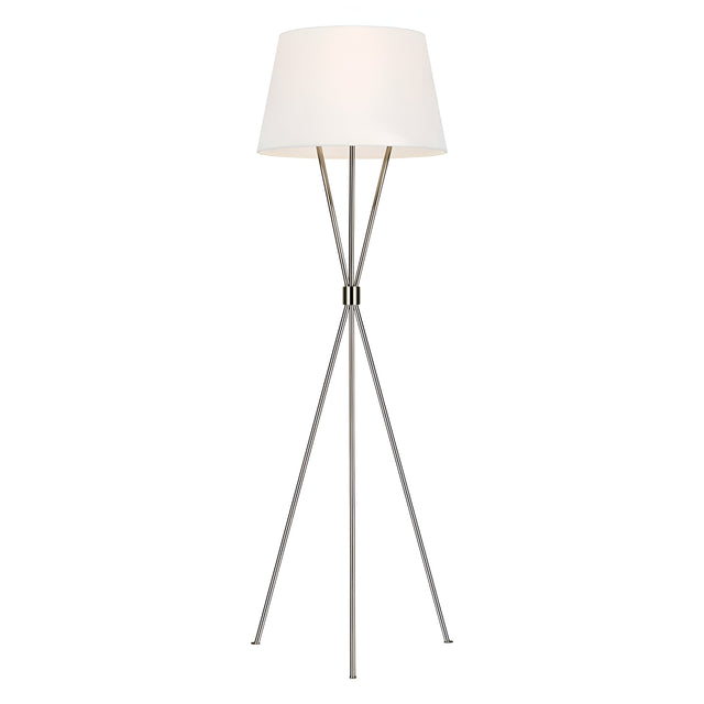 Introducing the Penny 1 Light Floor Lamp, featuring a sleek, polished nickel finish and a three-legged metal base. This modern floor lamp is complemented by a white lampshade, offering a minimalistic and contemporary design that seamlessly fits various interior styles.