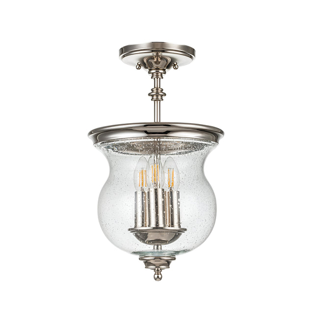 The Pickering Lane 3 Light Semi Flush in polished nickel showcases a clear glass dome shade with visible bulbs and decorative detailing in a traditional design. Hanging from a short rod, it delivers a vintage-inspired aesthetic that enhances any space with farmhouse lighting charm.