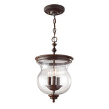 The Pickering Lane 3 Light Semi Flush in bronze exudes rustic farmhouse charm, featuring a clear, rounded seeded glass shade suspended from a chain. It houses three candle-like bulbs that elegantly evoke the style of an early 20th-century lantern.
