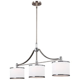 The Prospect Park 3 Light Island Chandelier in satin nickel with chrome features three cylindrical opal etched glass lampshades and metallic details, all suspended from a sleek satin nickel frame. Designed for ceiling mounting, it brings a contemporary touch to any interior space.