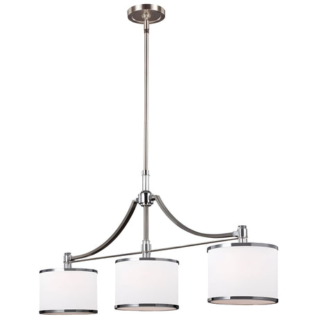 The Prospect Park 3 Light Island Chandelier in satin nickel with chrome features three cylindrical opal etched glass lampshades and metallic details, all suspended from a sleek satin nickel frame. Designed for ceiling mounting, it brings a contemporary touch to any interior space.