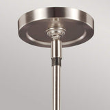 Close-up of the Prospect Park 3 Light Island Chandelier, showcasing a modern metallic ceiling mount with a sleek circular ceiling plate and cylindrical rod. Its satin nickel finish provides a contemporary, polished look that perfectly complements the opal etched glass or chandelier designs.