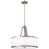 The Prospect Park 4 Light Chandelier in Satin Nickel and Chrome features a contemporary design with a white drum shade, chrome accents, and Opal Etched glass shades. It is suspended from a sleek rod connected to a round ceiling mount.