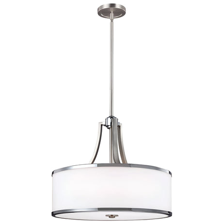 The Prospect Park 4 Light Chandelier in Satin Nickel and Chrome features a contemporary design with a white drum shade, chrome accents, and Opal Etched glass shades. It is suspended from a sleek rod connected to a round ceiling mount.