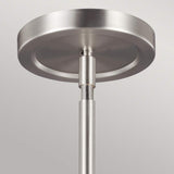 Close-up view of the Prospect Park 4 Light Chandelier in Satin Nickel with Chrome finish. The sleek design, resembling a minimalist chandelier, showcases a circular base and straight rod extending downward, set against a plain gray background. It can be paired with opal etched glass shades for added elegance in modern lighting.