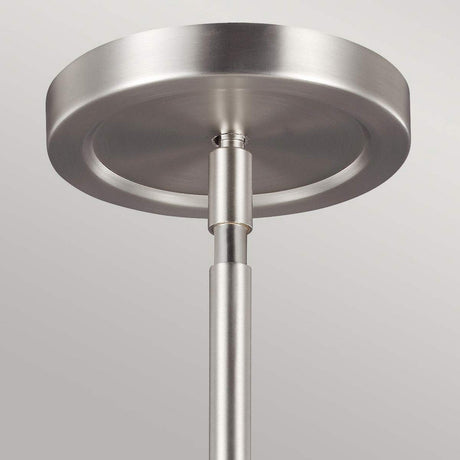 Close-up view of the Prospect Park 4 Light Chandelier in Satin Nickel with Chrome finish. The sleek design, resembling a minimalist chandelier, showcases a circular base and straight rod extending downward, set against a plain gray background. It can be paired with opal etched glass shades for added elegance in modern lighting.
