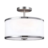 Introducing the Prospect Park 2 Light Semi Flush, a modern ceiling light fixture showcasing a circular design with opal etched glass shade and metallic accents. This sleek accessory is suspended from a short stem attached to a round ceiling mount, finished in satin nickel with chrome details, perfect for enhancing any contemporary space.