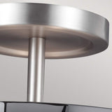 Close-up of the Prospect Park 2 Light Semi Flush, featuring a modern metallic design in satin nickel with chrome accents and opal etched glass. The circular fixture adds sophistication against a light gray background.