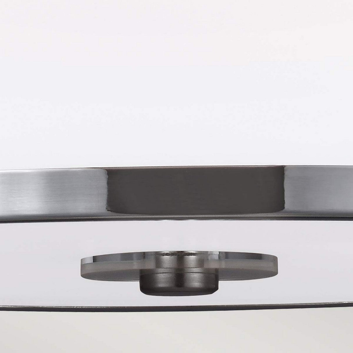 Close-up of the Prospect Park 2 Light Semi Flush in Satin Nickel with Chrome finish, showcasing a futuristic ceiling light fixture with an opal etched glass disc. Its circular design highlights modern lighting's minimalist aesthetic against a plain background.