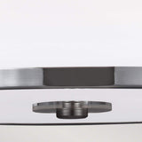 Close-up of the Prospect Park 2 Light Semi Flush in Satin Nickel with Chrome finish, showcasing a futuristic ceiling light fixture with an opal etched glass disc. Its circular design highlights modern lighting's minimalist aesthetic against a plain background.