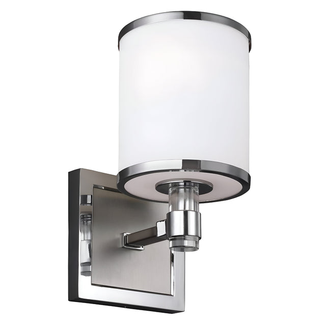 Introducing the Prospect Park 1 Light Wall Light in Satin Nickel with Chrome: a contemporary wall sconce that showcases chrome accents on a sleek, polished base. It features a cylindrical opal etched glass shade, complemented by a rectangular backplate and minimalist design, ideal for modern interiors.