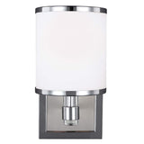 Presenting the Prospect Park 1 Light Wall Light in Satin Nickel with Chrome: a contemporary wall sconce that boasts opal etched glass in a cylindrical shade, complemented by chrome accents and gracefully affixed to a square metal backplate.