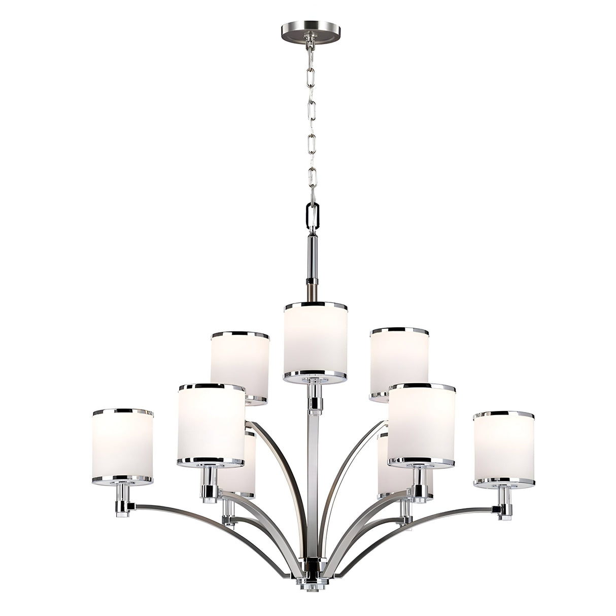 The Prospect Park 9 Light Chandelier - Satin Nickel With Chrome exhibits a sleek design, featuring nine opal etched glass lampshades arranged in a circular pattern. It gracefully hangs from a chain, incorporating elegantly curving arms that blend modern style with timeless charm.