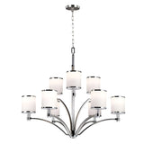 The Prospect Park 9 Light Chandelier - Satin Nickel With Chrome exhibits a sleek design, featuring nine opal etched glass lampshades arranged in a circular pattern. It gracefully hangs from a chain, incorporating elegantly curving arms that blend modern style with timeless charm.