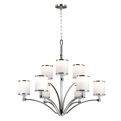 The Prospect Park 9 Light Chandelier - Satin Nickel With Chrome exhibits a sleek design, featuring nine opal etched glass lampshades arranged in a circular pattern. It gracefully hangs from a chain, incorporating elegantly curving arms that blend modern style with timeless charm.