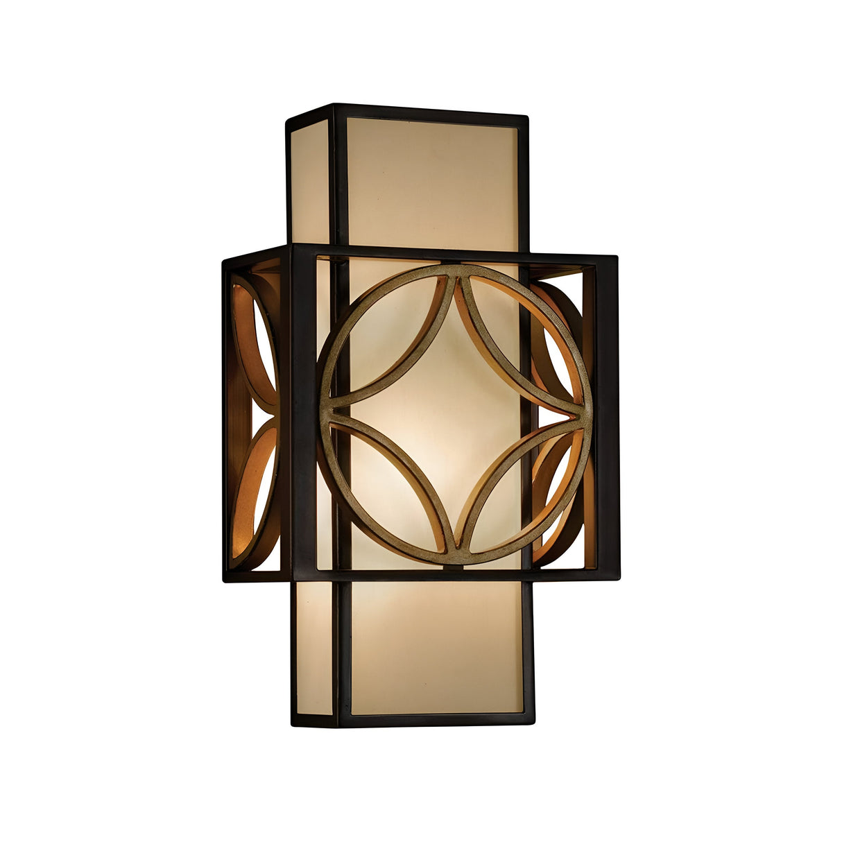 The Remy 1 Light Wall Light - Heritage Bronze/Parissiene Gold features a rectangular frosted glass panel framed in decorative bronze with intricate circular patterns. Its soft, warm glow accentuates the geometric design, reflecting the elegance of French Arts and Crafts.