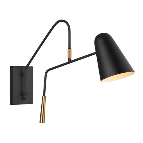 The Simon 1 Light Wall Light - Black, with its adjustable arm and cone-shaped shade in a Midnight Black finish, is enhanced by brass accents that add a touch of modern elegance.