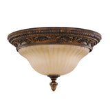 The Sonoma Valley 2 Light Flush in Cream/Bronze finish showcases an ornate design with a bronze finish and decorative floral detailing, drawing inspiration from the charm of French Country style. It features a frosted glass bowl that beautifully diffuses light, combining classic and elegant elements suitable for traditional interiors.