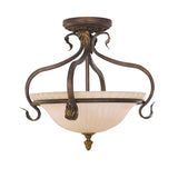 The Sonoma Valley 3 Light Semi Flush - Cream/Bronze showcases a vintage-inspired design featuring an ornate bronze finish and gracefully curved metal arms that cradle a frosted glass bowl-shaped shade. Echoing French Country antiques, it is adorned with elegant leaf-like accents and a small finial at the bottom, making it a charming addition to any room.