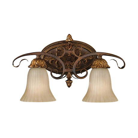 The Sonoma-2 Valley 2 Light Wall Light in Cream/Bronze features two frosted glass lampshades, an intricate dark bronze metal design, and leaf-like embellishments that highlight traditional craftsmanship for a vintage and elegant appearance.