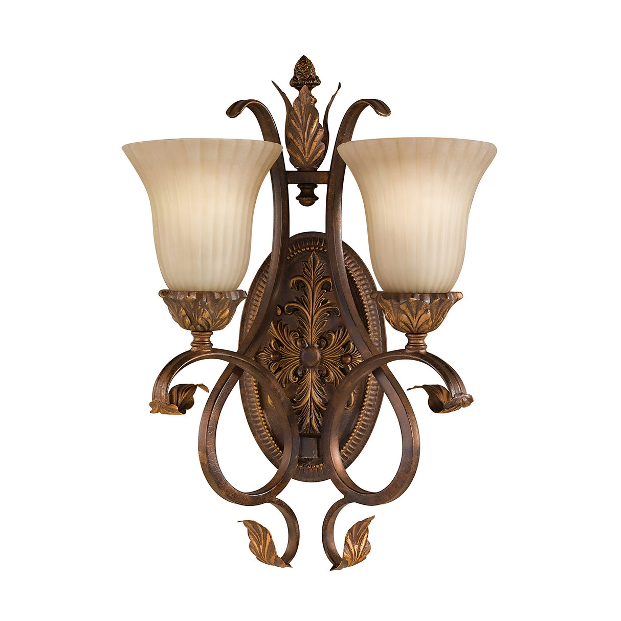 The Sonoma-1 Valley 2 Light Wall Light in cream and bronze offers vintage aesthetics with its ornate design, featuring intricate scrollwork and leaf accents reminiscent of classic Sonoma Valley elegance.