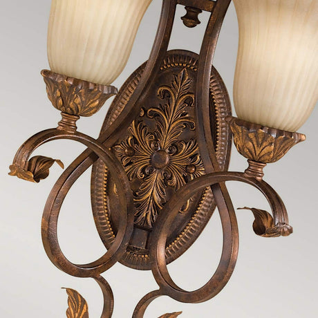 Close-up of the Sonoma-1 Valley 2 Light Wall Light in cream and bronze, showcasing intricate floral patterns and two fluted glass lampshades. The design exudes classic elegance with scrollwork and antique detailing, reminiscent of the timeless charm found in Sonoma Valley's vintage aesthetics.