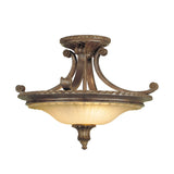 The Stirling Castle 2 Light Semi Flush - Bronze is a vintage-style ceiling light fixture featuring elegant, curved metal arms with ornate bronze detailing and a frosted glass shade reminiscent of medieval torches, evoking a classic and sophisticated look inspired by the lights of Stirling Castle.