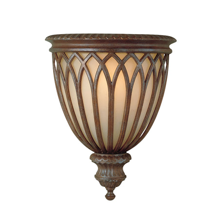 The Stirling-2 Castle 1 Light Wall Light - Bronze boasts an ornate metal framework and a frosted glass shade, embodying a classic vintage style perfect for those who appreciate traditional lighting.