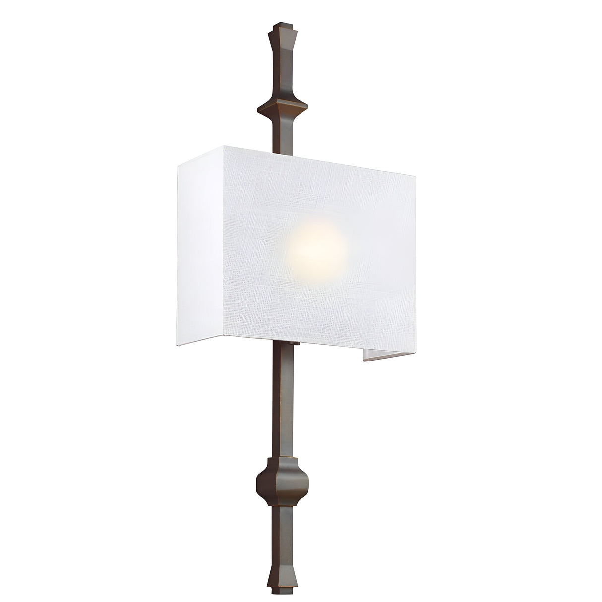 The Teva 1 Light Wall Light in Antique Bronze showcases a minimalist design with a rectangular Shantung silk shade. It emits a soft glow from the center, creating an elegant and understated ambiance.