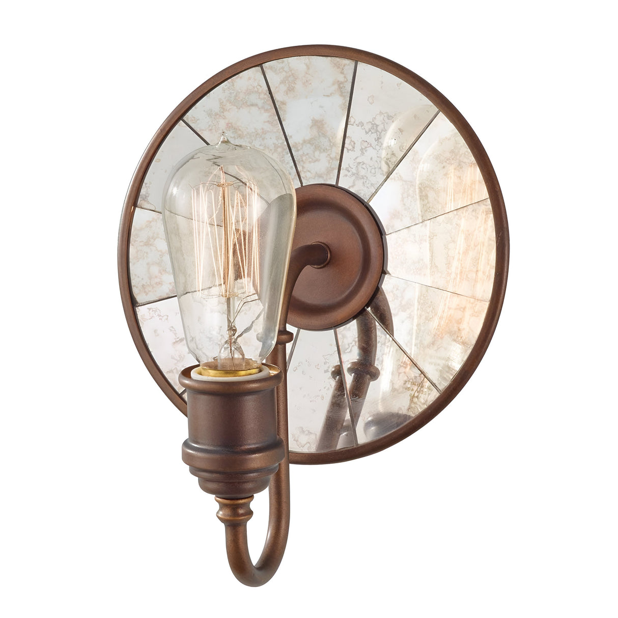 Introducing the Urban Renewal 1 Light Wall Light in bronze, showcasing an industrial design with a vintage flair. This wall sconce features a round, distressed mirror backplate and a single exposed Edison bulb, combining elements that enhance its charm and add an antique touch to any space.