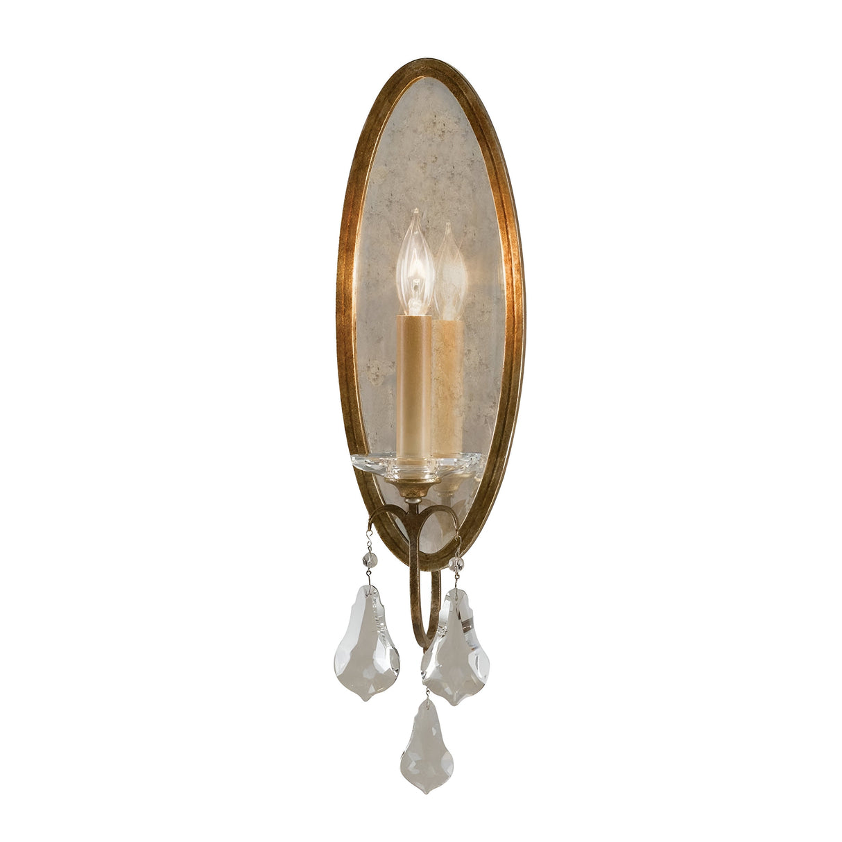 The Valentina 1 Light Wall Light - Oxidized Bronze is an elegant wall sconce that features two candle-shaped lights on an oval mirrored backplate, adorned with polished glass crystals hanging below. Its oxidized bronze finish adds a classic and sophisticated touch to any decor.