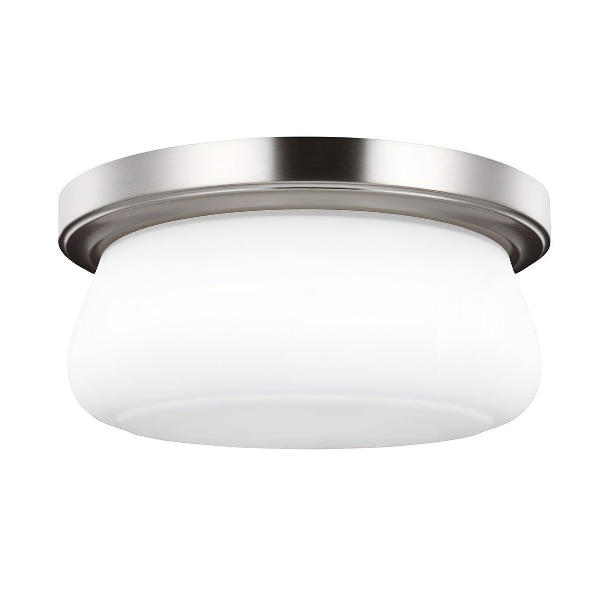 Introducing the Vintner 2 Light Flush - Satin Nickel, featuring a modern design with a sleek satin nickel rim and a smooth opal etched glass shade, perfect for providing ambient lighting.