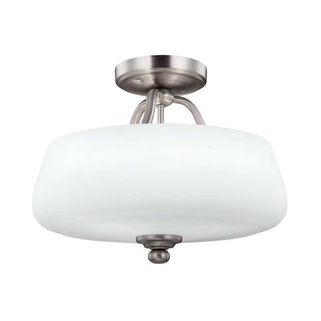 The Vintner 3 Light Semi Flush - Satin Nickel features an opal etched glass shade. This fixture showcases a modern, sleek design with smooth curves and a round base, making it ideal for any contemporary space.