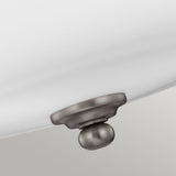 Detailed view of the Vintner 3 Light Semi Flush in Satin Nickel, showcasing a brushed metal ceiling fixture with an opal etched glass dome shade. The satin nickel design includes a round metallic base and a spherical decorative knob at the bottom, all set against a light gray background.