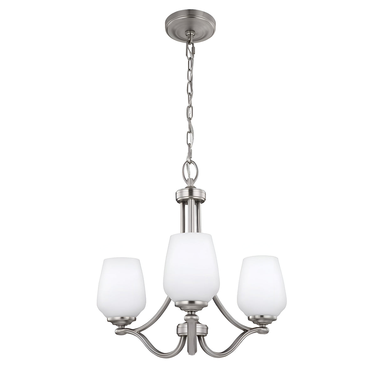 The Vintner 3 Light Chandelier - Satin Nickel features opal etched glass shades and is suspended by a chain from a ceiling mount. Its design includes curved arms and brings a modern, elegant style to any room.