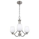 The Vintner 3 Light Chandelier - Satin Nickel features opal etched glass shades and is suspended by a chain from a ceiling mount. Its design includes curved arms and brings a modern, elegant style to any room.