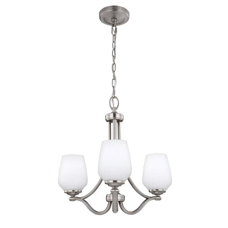 The Vintner 3 Light Chandelier - Satin Nickel features opal etched glass shades and is suspended by a chain from a ceiling mount. Its design includes curved arms and brings a modern, elegant style to any room.
