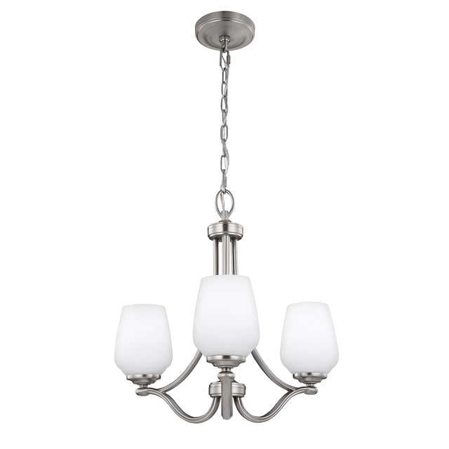 The Vintner 3 Light Chandelier - Satin Nickel features opal etched glass shades and is suspended by a chain from a ceiling mount. Its design includes curved arms and brings a modern, elegant style to any room.