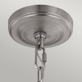The Vintner 3 Light Chandelier in Satin Nickel is elegantly supported by a brushed metal ceiling canopy with an attached chain. It features opal etched glass shades and a satin nickel finish, ensuring a secure connection against the smooth, light gray background.