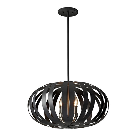 The Woodstock 4 Light Medium Chandelier - Black impresses with a sophisticated design featuring a textured black finish and interwoven curved strips that create a spherical shape. Inside, four candle-style bulbs are exquisitely displayed, hanging gracefully from an adjustable central rod for ideal positioning.